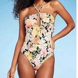 NEW Shade & Shore 1 pce Swimsuit Sz M 8-10 black Floral Halter Keyhole Bamdeau